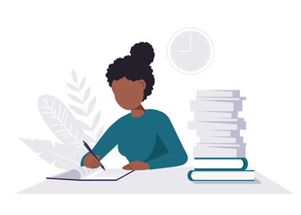 Home office concept, woman working from home, student or freelancer. Black woman studying with books. Woman with books, studying or working concept.