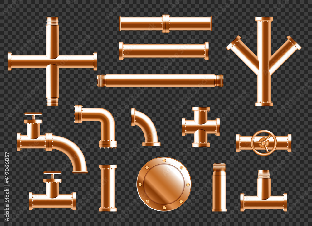 Copper water pipes, plumbing pipeline elements with taps, valve and ...