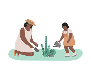 Vector flat illustration with cartoon characters. African American mother in straw hat plants flowers by spatula and smiling little girl waters leaves in garden. Happy  holidays with family in nature