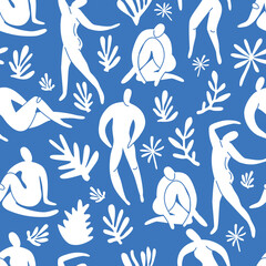 Wall Mural - Seamless pattern trendy doodle and abstract nature icons on blue background. Summer collection, unusual shapes in freehand matisse art style. Includes people, floral art.