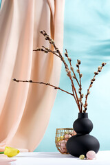 Wall Mural - Happy Easter eggs and branches seals in a vase with drapery fabric