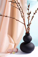 Wall Mural - Happy Easter eggs and branches seals in a vase with drapery fabric