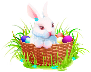 Wall Mural - Easter rabbit bunny in basket with eggs vector cartoon