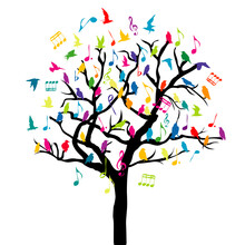 Music Concept With Colored Birds And Musical Notes On A Tree