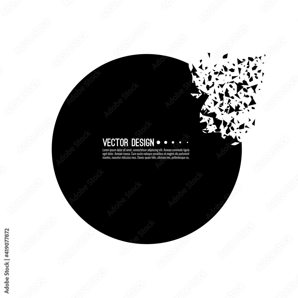 Explosive black banner. Vector circle breaking into small debris with sharp particles. - obrazy, fototapety, plakaty 