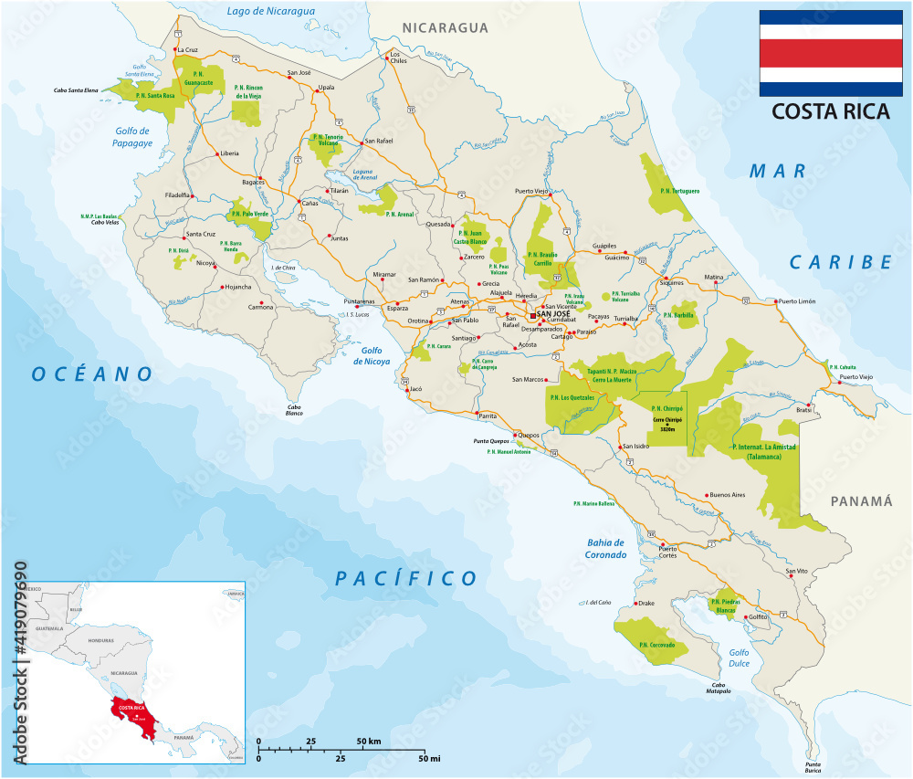 costa-rica-road-and-national-park-map-with-flag-stock-vector-adobe-stock for Free Printable Map Of Costa Rica costa rica road and national park map with flag Stock Vector | Adobe Stock for Free Printable Map Of Costa Rica