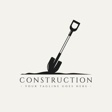 Construction Logo With Retro Shovel Logo Template Vector Illustration Design. Retro Classic Construction, Engineer, Builder Logo Concept