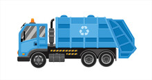 Garbage Truck With Frontal Loader. Collection And Transportation Of Solid Household And Commercial Waste. Blue Garbage Truck. Vector Flat Illustration