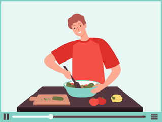 Poster - Vegan man. Vegetarian food blogger, guy cook vegetable salad. Online culinary school tutorials, foods preparation vlog vector illustration. Vegetarian blogger, kitchen prepare at home vlog