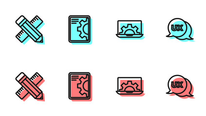 Set line Web development, Crossed ruler and pencil, and UI or UX design icon. Vector.