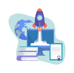 Wall Mural - Start up concept. Business project, rocket on screet flight up. Self education, investments in online company. Go to success vector concept. Illustration business start up idea, success innovation