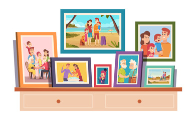 Sticker - Family photos. Memories photo with smiling people father mother kids grandparents on photo with frame standing on table in room exact vector illustrations. Family photo portrait in frame