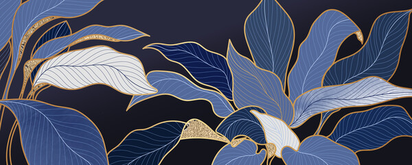 Wall Mural - Luxury blue leaf background vector with golden metallic decorate wall art