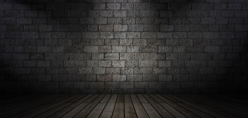 Wall Mural - old stone wall and wooden floor texture, three dimensional room background for product display or mo