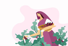 Illustration Of A Woman Plucking Brinjal Fruits From The Vegetable Farm
