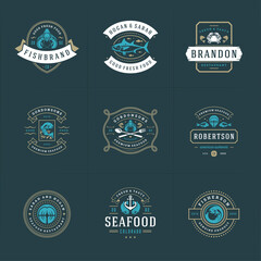 Wall Mural - Seafood logos or signs set vector illustration fish market and restaurant emblems templates design