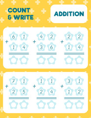 Math worksheet practice print page. Double digit addition. Column method. Count and write.