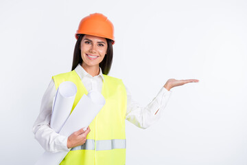 Sticker - Photo of lady hold rolls paper hand presenting empty space wear helmet shirt vest isolated white color background