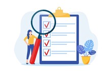 Positive Business People With A Magnifying Glass Nearby Are Marked With A Checklist On Clipboard Paper. Successfully Complete Business Assignments. Vector Illustration In Flat Style
