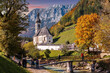 Amazing nature landscape. Impressive Autumn Scenic landscape in the Bavarian Alps. famous Parish Church of St. Sebastian in Ramsau in falltime, Nationalpark Berchtesgadener Land,  Bavaria, Germany