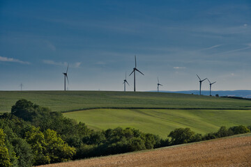 wind turbine in the green field on the horizon, trees in the foreground, blue sky, small cloud, yellow field