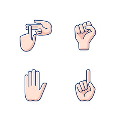 Wall Mural - Hand gestures RGB color icons set. Raised fist. Stop doing something sign. Index finger up. Communication elements. Rhetorical devices. Communication with gestures. Isolated vector illustrations