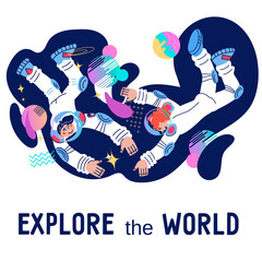 Wall Mural - Explore the world banner or poster template for Cosmonautics day or astronomy lessons with astronauts man and woman in space. Universe research and space exploration, cartoon vector.