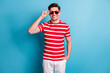 Photo portrait of young man smiling wearing stylish sunglass casual outfit isolated on bright blue color background