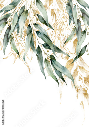 Dekoracja na wymiar  akwarela-granicy-galezi-eukaliptusa-zlota-nasion-i-lisci-liniowych-recznie-malowane-karty-roslin-na-bialym-tle-ilustracja-kwiatowy-do-projektowania-drukowania-tkaniny-lub-tla