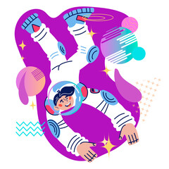 Wall Mural - Astronaut or astronaut man floating in space among stars and planets. Universe explorer and spaceman character, cartoon vector illustration isolated on white background.