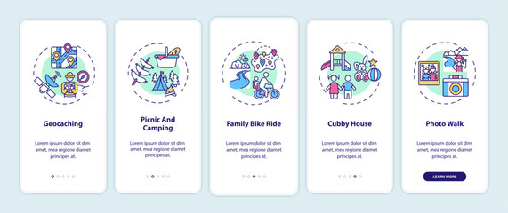 Outdoor family activities onboarding mobile app page screen with concepts. Picnic and camping walkthrough 5 steps graphic instructions. UI vector template with RGB color illustrations