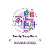 Fototapeta Big Ben - Family scrap book concept icon. Family bonding tips. Creating history of your family photo book. Activity idea thin line illustration. Vector isolated outline RGB color drawing. Editable stroke
