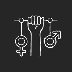 Poster - Feminism chalk white icon on black background. Establishing social justice. Expansion women rights. Hand raised up. Struggle for women rights. Isolated vector chalkboard illustration