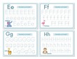 Alphabet tracing practice Letter E, F, G, H. Tracing practice worksheet. Learning alphabet activity page.