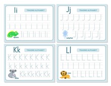 Alphabet Tracing Practice Letter I, J, K, L. Tracing Practice Worksheet. Learning Alphabet Activity Page.