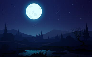 night landscape with big moon and falling stars