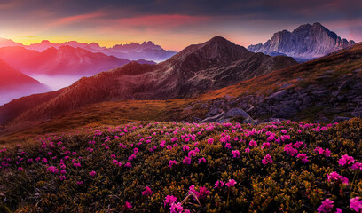 Fototapete - Mountains under mist during sunset. Scenic image of fairy-tale Landscape with Pink rhododendron flowers and colorful sky under sunlit, over the Majestic Rocky Peacks. Picture of wild area.