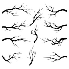 collection bare tree branches. naked branche silhouette set. vector illustration