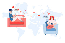 Concept Of Romance, Online Dating And Love Relationship On Long Distance Via Internet. Young Couple Chatting In Network, Sending Romance Mail And Hearts. Flat Vector Illustration