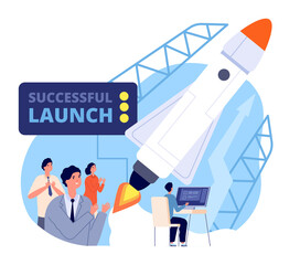 Canvas Print - Business launch. Launching startup, fly spaceship project. Start process, management strategy or innovation mission utter vector. Illustration rocket project start up, spaceship development innovation