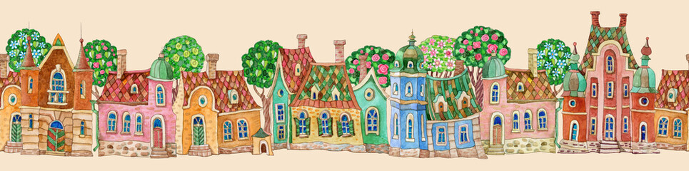 Architectural seamless border pattern on beige background. Watercolor painted doodle Fairy tale houses panorama, old medieval European town street with blooming trees. Travel brochure, web site banner