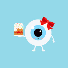 Wall Mural - Easter cute eye ball easter cake icon. Ophthalmology easter eyeball character with sweet decorated cake. Flat design cartoon style vector vision clip art illustration.