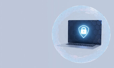 Wall Mural - 3D Rendering of laptop computer with glowing shield logo inside spherical shield. Concept for cyber security, system protection, antivirus