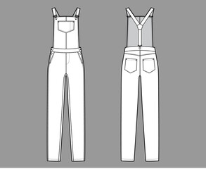 Wall Mural - Dungaree Denim overall jumpsuit technical fashion illustration with full floor length, normal waist, high rise, pockets, Rivets. Flat apparel front back, white color style. Women men unisex CAD mockup