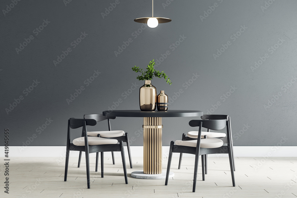 Black round table with wooden chairs around in the center of modern dining room with black wall and light ceramic tiles floor - obrazy, fototapety, plakaty 