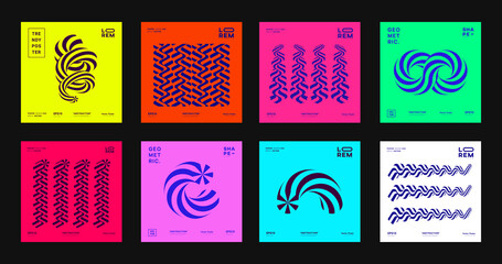 Aufkleber - Set of Abstract Striped 3d Shapes. Collection of optical illusion elements. Trendy modern posters.