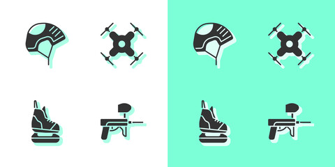 Sticker - Set Paintball gun, Helmet, Skates and Drone flying icon. Vector.