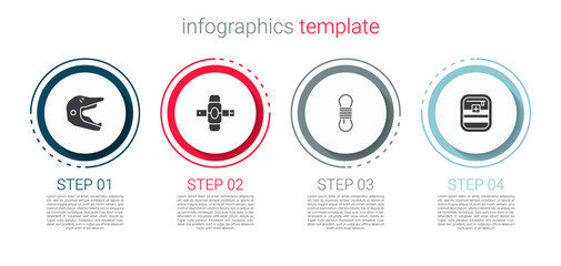 Sticker - Set Motocross motorcycle helmet, Knee pads, Climber rope and First aid kit. Business infographic template. Vector.