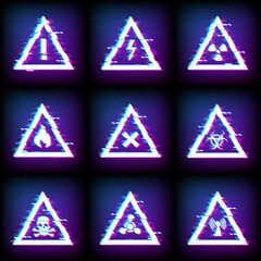 Glitch warning signs on screen, hazard danger vector pixel icons. Digital signal noise, warning symbols in glitch biohazard radiation, high voltage, flammable, and chemical danger triangle signs