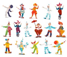 Circus Clowns, Cartoon Vector Big Top Characters. Jester Performers, Shapito Circus Show Entertainers In Funny Costume, Wig, Makeup And Red Nose. Stage Comedians, Smiling Jokers Isolated Icons Set